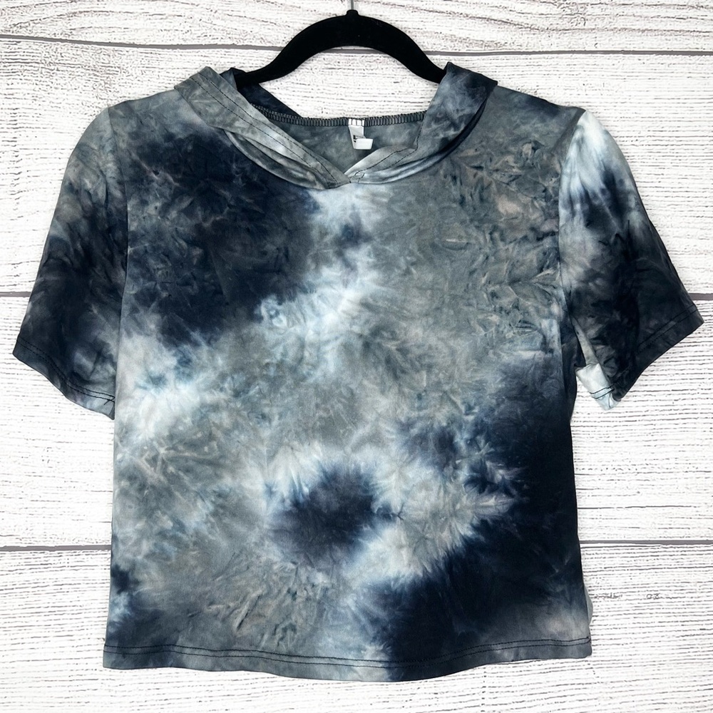 Blue & Gray Tie-Dye Hooded Stretch Crop Top Size XL